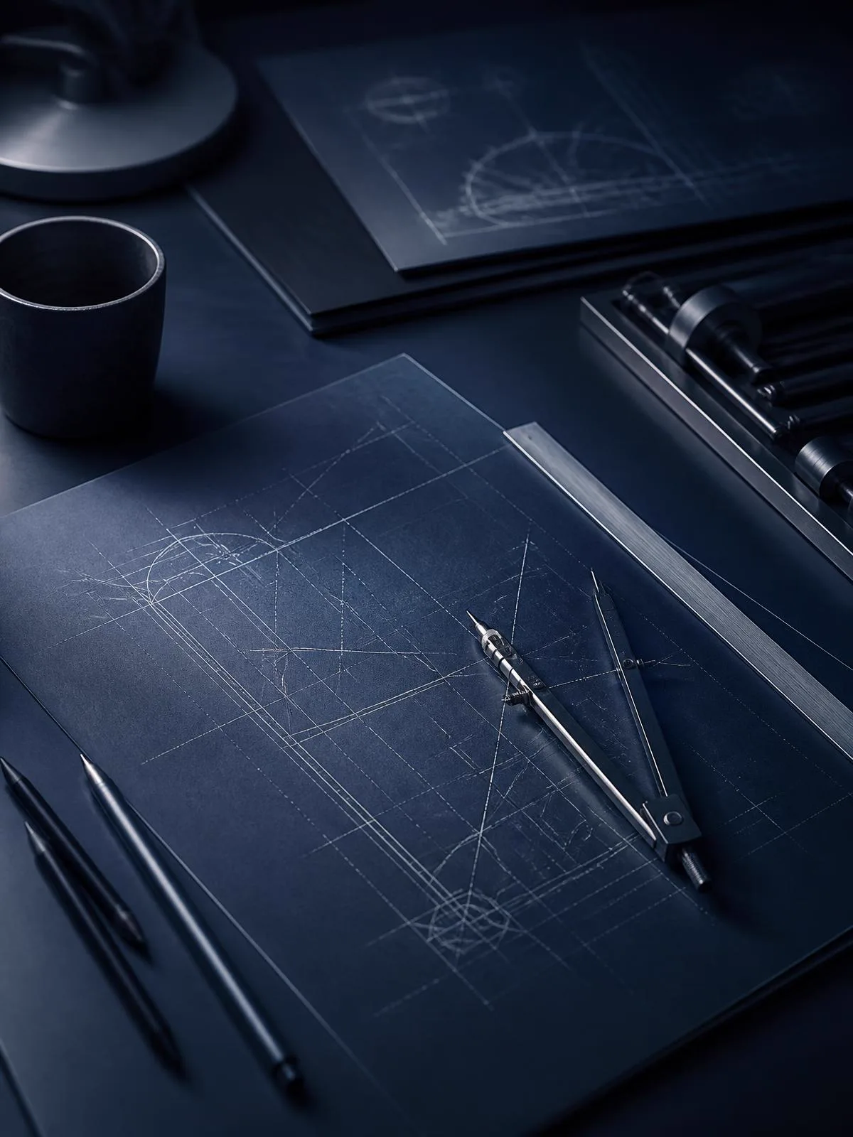 Architect's desk with technical drawings and drafting instruments in cool navy light
